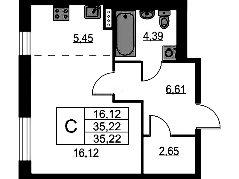 Квартира студия 35.22 м², 9/9 эт., ЖК «Квартал Лаголово»